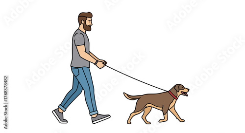Bearded man enjoys a leisurely stroll with his loyal canine companion on a sunny day