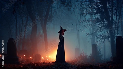 Wallpaper Mural Halloween witch standing in graveyard with tombstones at night, Halloween mystery concept Torontodigital.ca