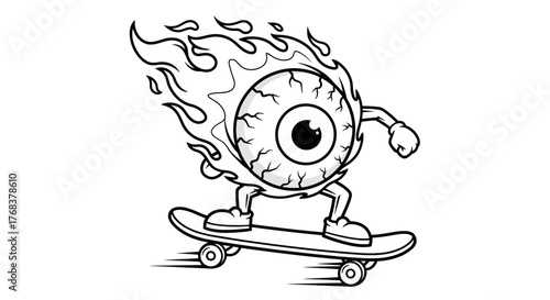 Stylized cartoon eyeball ablaze skateboarding with velocity and freedom on white