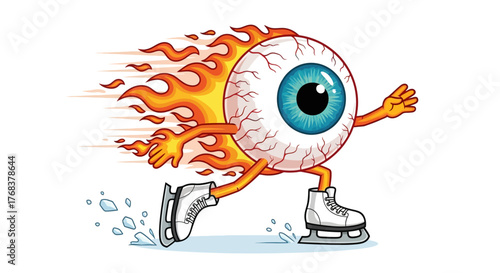 Intense eyeball character on ice skates propelled by flames racing at blazing speed