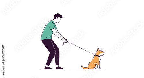 Minimalist illustration showcasing a man training a dog using positive reinforcement techniques