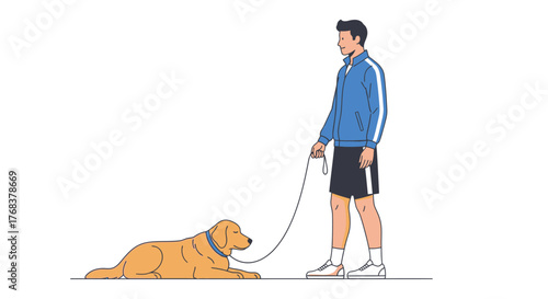 Relaxed golden retriever during leisurely walk with owner in sports apparel and tennis shoes