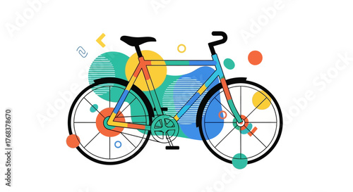 Stylized bicycle illustration featuring a playful composition of geometry and vibrant hues in a