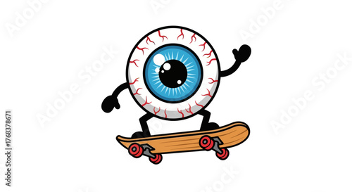 Cartoon eyeball character skateboarding with carefree enjoyment and a vibrant visual style