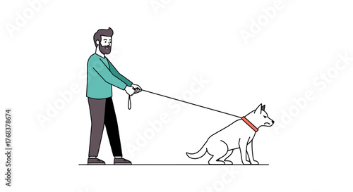 Stylized illustration of a man walking a dog on a leash representing pet ownership and lifestyle