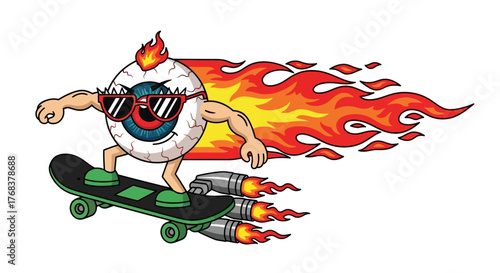 Extreme eyeball skater with flame hair and rocket propulsion creating a comical imagery