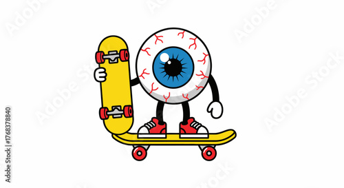 Whimsical skateboarder eyeball character with sunny yellow deck and matching board design
