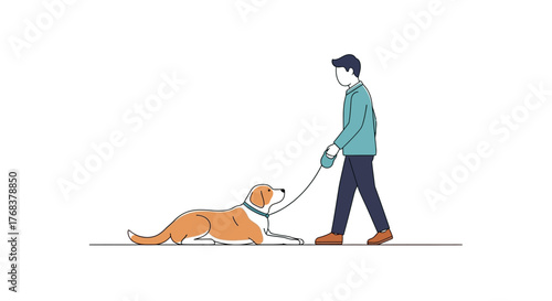 A simplistic illustration of a man walking his dog that is resting calmly on the ground
