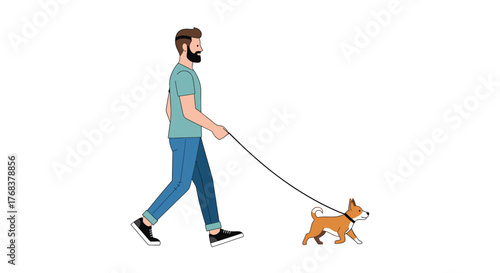 A bearded man walks a small dog on a leash on a plain white background illustration