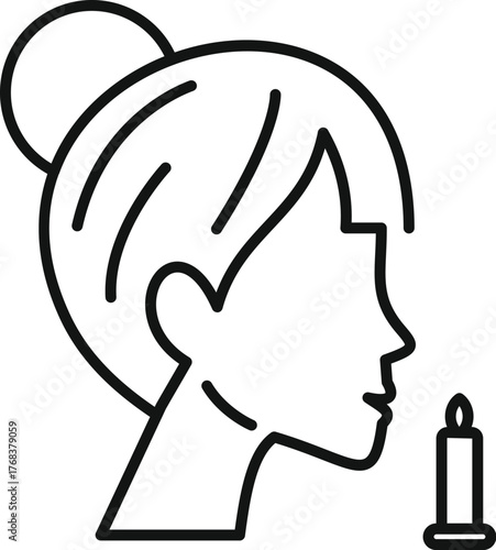 Profile of a woman smelling a burning candle, simple aromatherapy and relaxation line icon