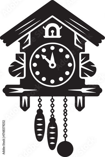 Black silhouette of a cuckoo clock with decorative pendulum weights and chains time timepiece