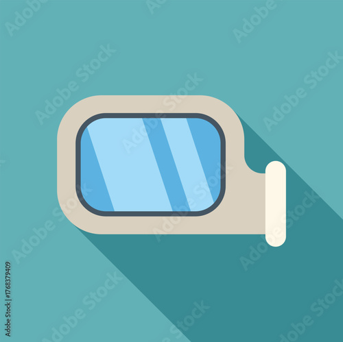 Car side mirror reflecting light on a turquoise background, minimalist vector illustration with long shadow