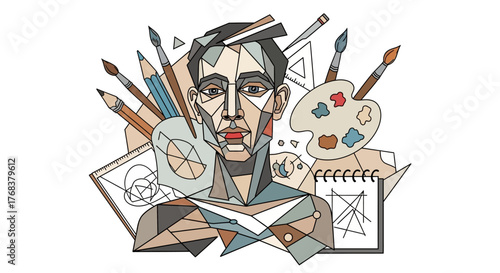 Abstract portrayal of an artist immersed in his craft tools and creative geometric art