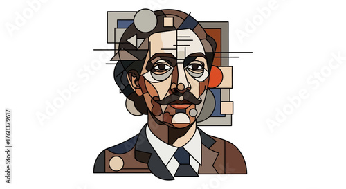Abstract geometric portrait of a man with mustache in cubist style for creative projects