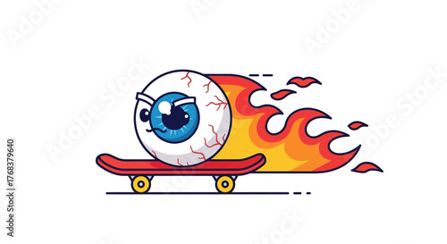 Speedy eyeball character with burning flames on a skateboard and cartoon design illustration