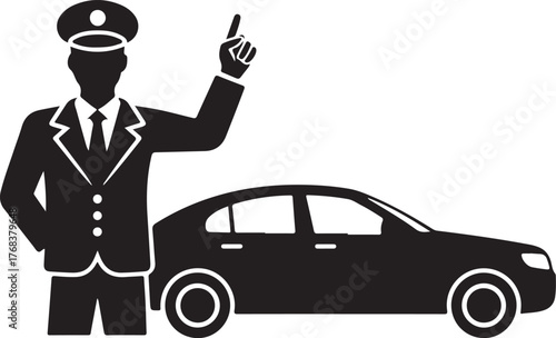 Silhouette of a chauffeur in uniform pointing upwards next to a black sedan car driver