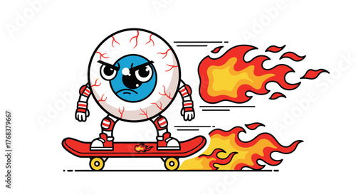Aggressive eyeball character burning rubber on a skateboard with determined expression conveys the