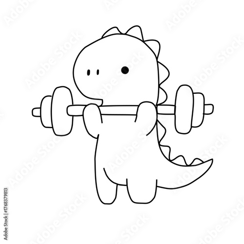 A cute cartoon dinosaur lifting a dumbbell, showcasing a playful and humorous take on fitness
