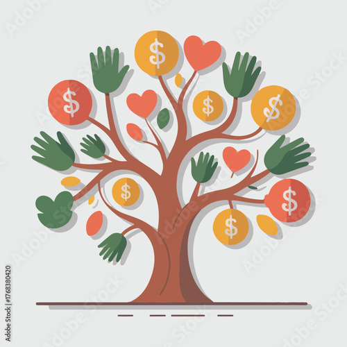 Vector concept for National Philanthropy Day showing hands forming heart around donations, global volunteering, charity ribbons, digital giving apps, money tree, puzzle heart, community support