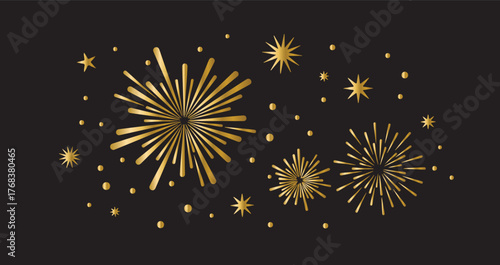 Golden firework bursts and stars on a dark background, celebrating a special occasion with a festive glow