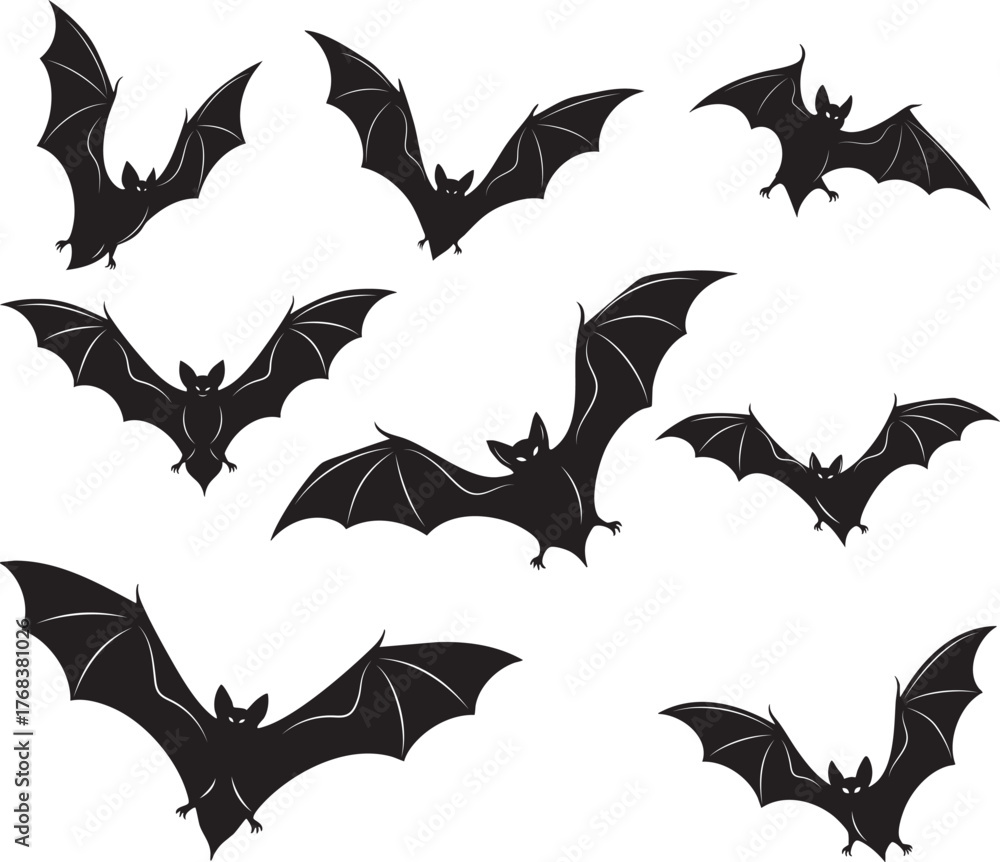 Naklejka premium Flying Halloween Bats Silhouette Collection. Set of flying bat silhouettes in various poses, perfect for Halloween decorations, spooky design themes, stickers, invitations, and digital artwork.