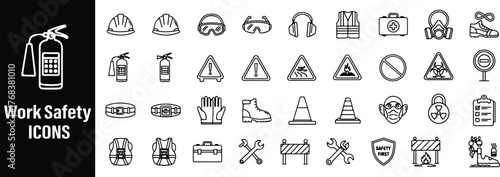 Work Safety line icon and illustration vector bundle set. Work Safety Line Icon Set — Labor Protection and Hazard Prevention