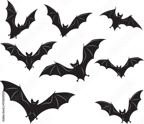 Flying Halloween Bats Silhouette Collection. Set of flying bat silhouettes in various poses, perfect for Halloween decorations, spooky design themes, stickers, invitations, and digital artwork.