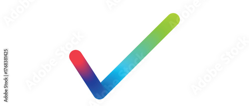vibrant gradient check mark symbol in red, purple, blue, and green on white background representing approval, confirmation, success, validation, or completion in modern minimalist style