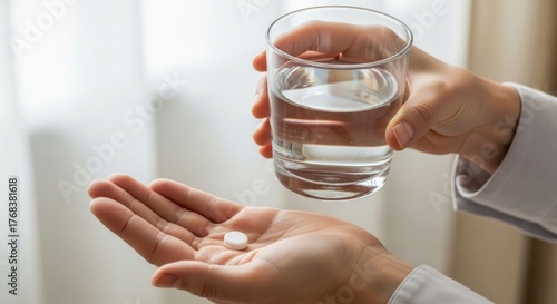 Hand holding white pill and glass of water for medication