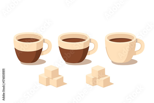 Three cups of hot coffee and stacks of beige sugar cubes isolated on white