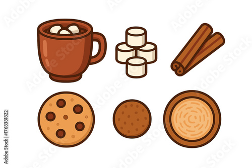 Cozy winter treats set featuring hot chocolate, marshmallows, cinnamon sticks, and assorted cookies
