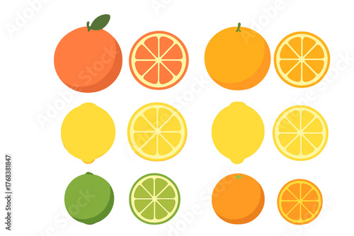 Assortment of fresh whole and halved citrus fruits including orange, lemon, and lime