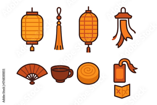 Traditional Chinese festival objects set including decorative lanterns, folding fan, and tassel
