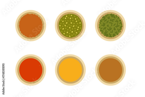 Six small bowls filled with colorful sauces and spices viewed from above