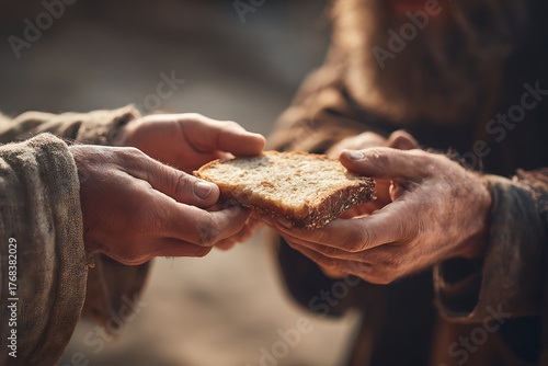 Sharing bread, hands giving compassion and humanity