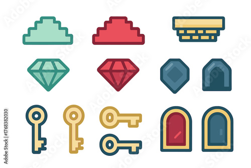 Colorful pixel art style game assets featuring keys, precious gems, platforms, and arched doorways