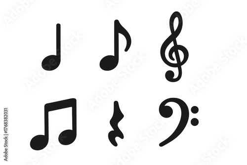 Essential musical notation symbols set including notes rests and clefs in black silhouette