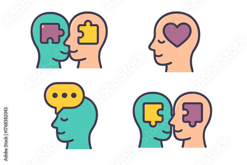 Human head icons representing mental connection, empathy, communication, and problem solving