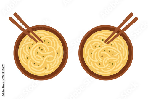 Two bowls of hot Asian ramen noodle soup with chopsticks and scallion garnish