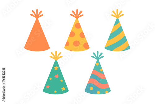 Set of five brightly colored cone-shaped party hats decorated with stripes, stars, and polka dots