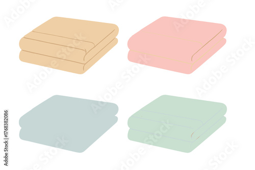 Four stacks of soft folded bath towels in pastel colors including pink blue green and beige