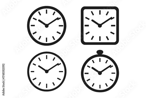 Collection of four different styles of analog clock faces and timekeeping symbols