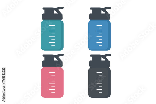 Set of four colorful fitness shaker bottles with measurement markings isolated on white background