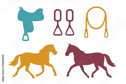 Stylized silhouettes of two running horses and essential equestrian riding gear set