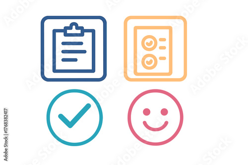 Four outline symbols showing customer feedback, survey results, approval, and positive emotion