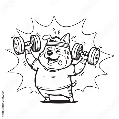 Dog lifting dumbbell isolated on white background