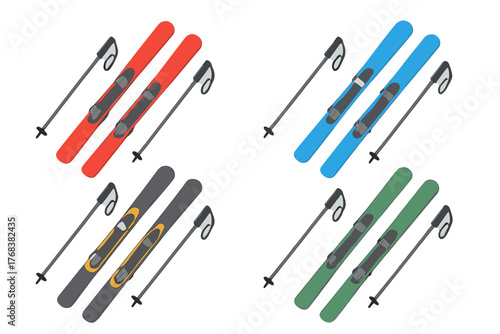 Colorful collection of alpine skis and poles set for winter sports and recreation