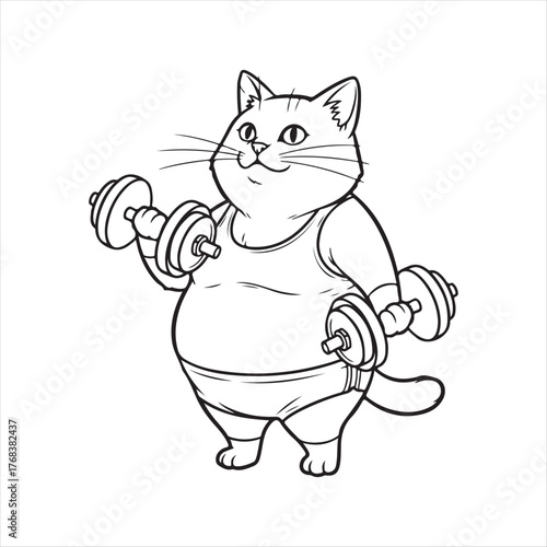 Cat lifting dumbbells isolated on white background