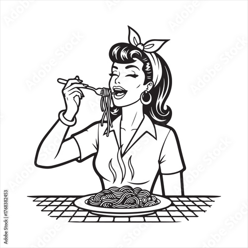 Woman eating spaghetti isolated on white background