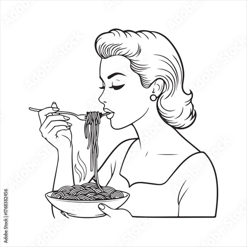 Woman eating spaghetti isolated on white background